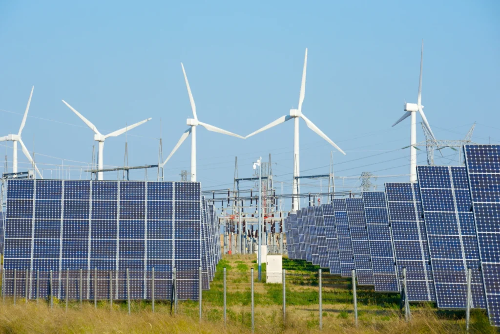 invertir en energias renovables: campo con varias placas solares y molinos de viento